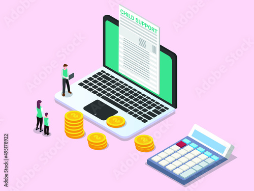 Child support vector concept. Young woman and her son looking at child support form on the laptop while standing with money