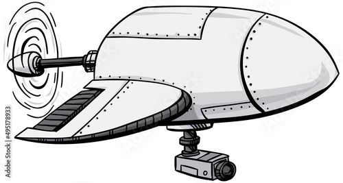 A cartoon of a small, white flying cartoon surveillance drone with a rear propeller and camera.