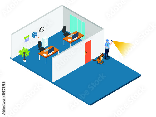 Security vector concept. Security man working with flashlight in night shift while walking with dog in the office room