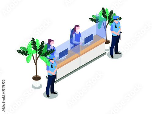 Security vector concept. Two security men standing in front of the cashier while working in the bank
