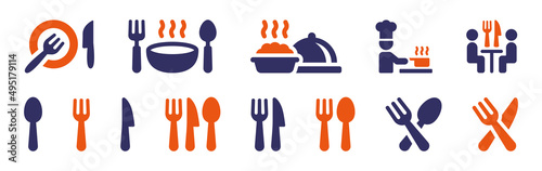 Restaurant icon collection. Containing meal, fork, knife, spoon, cooking icon vector illustration.