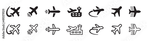 Airplane icon set. Plane symbol in black outline design.