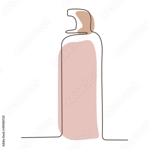 Cosmetic bottle with dispenser, skin care products. Continuous one line art. Vector