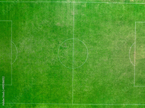 aerial view of soccer field with green grass