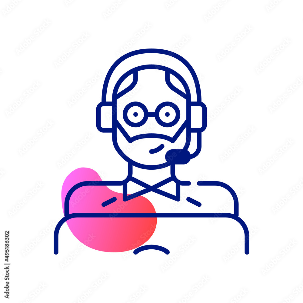 Middle aged man wearing a headset and working as a call center agent at a laptop. Pixel perfect, editable stroke fun color icon 