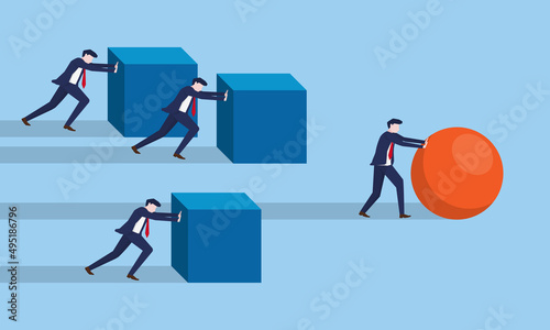 Work smarter not harder concept. businessman pushes sphere. business strategy direction to goals. Different thinking leads to success. vector illustration. effective work leader achievement.