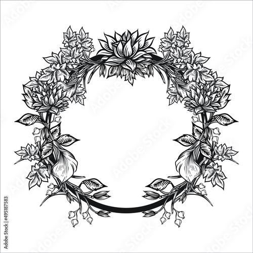Floral wreath with tree leaves. Hand drawn illustration converted to vector