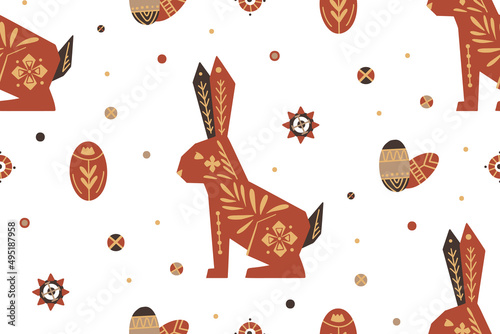 Seamless festive vector pattern with hares and easter eggs with folk art on white background. Scandinavian texture with bunnies and polka dots.