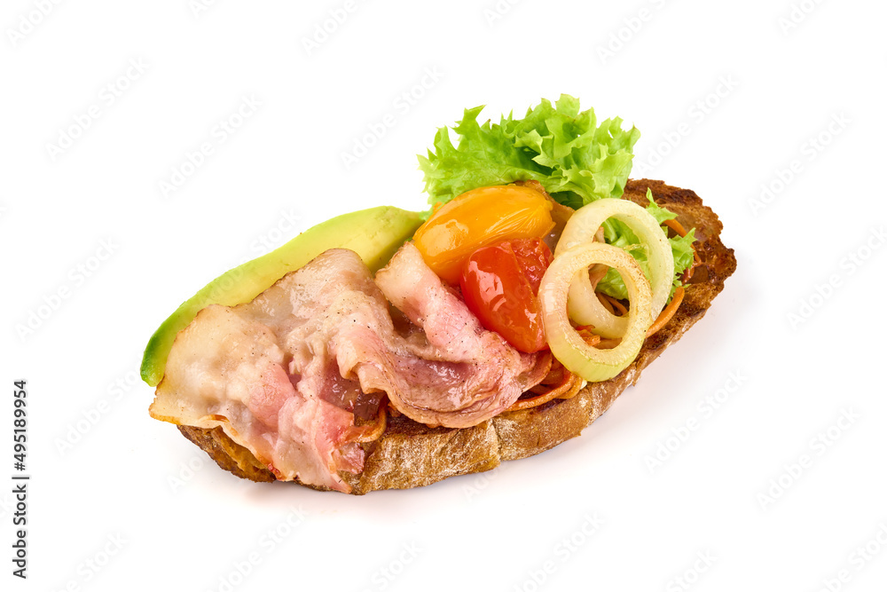 Crostini with various toppings, isolated on white background. High resolution image. Crostini with various toppings, isolated on white background. High resolution image.