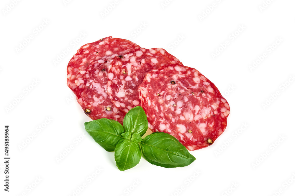 Italian Salami with basil leaves, isolated on white background. Italian Salami with basil leaves, isolated on white background.