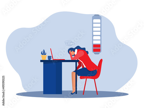 woman office syndrome , girl sad boring sitting with head down on laptop mental health problems. Vector illustration in flat style illustration