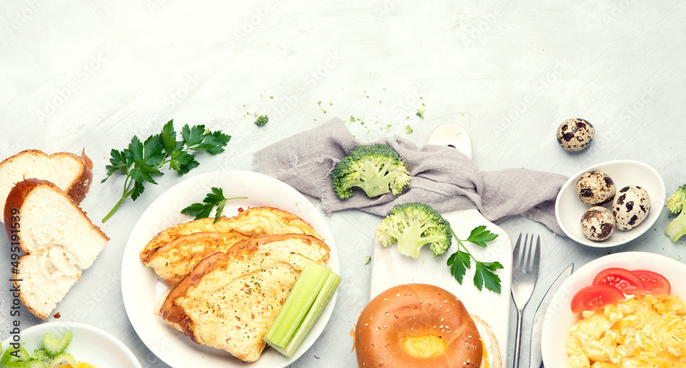 Various ways of cooking chicken eggs on light background. Various ways of cooking chicken eggs on light background.