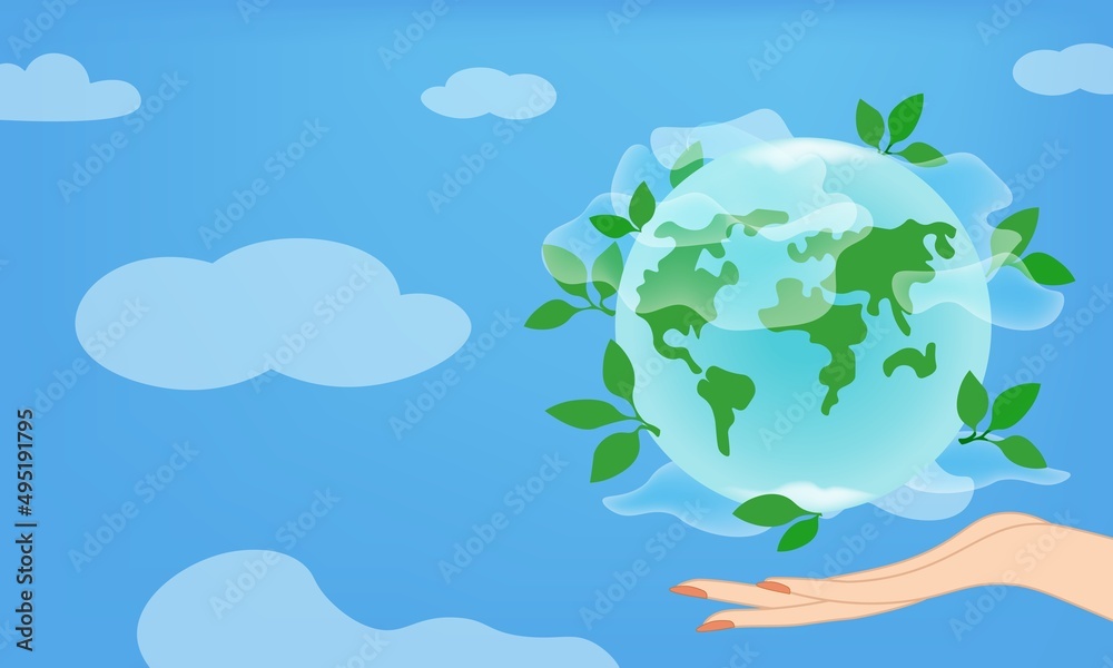 Hands holding earth globe silhouette graphic design. Sign, emblem of the planet in warm hands on the sky vector illustration. Template, banner, poster, postcard for Earth Day.