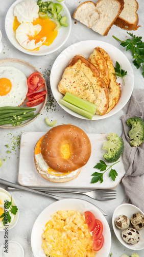 Various ways of cooking chicken eggs on light background.