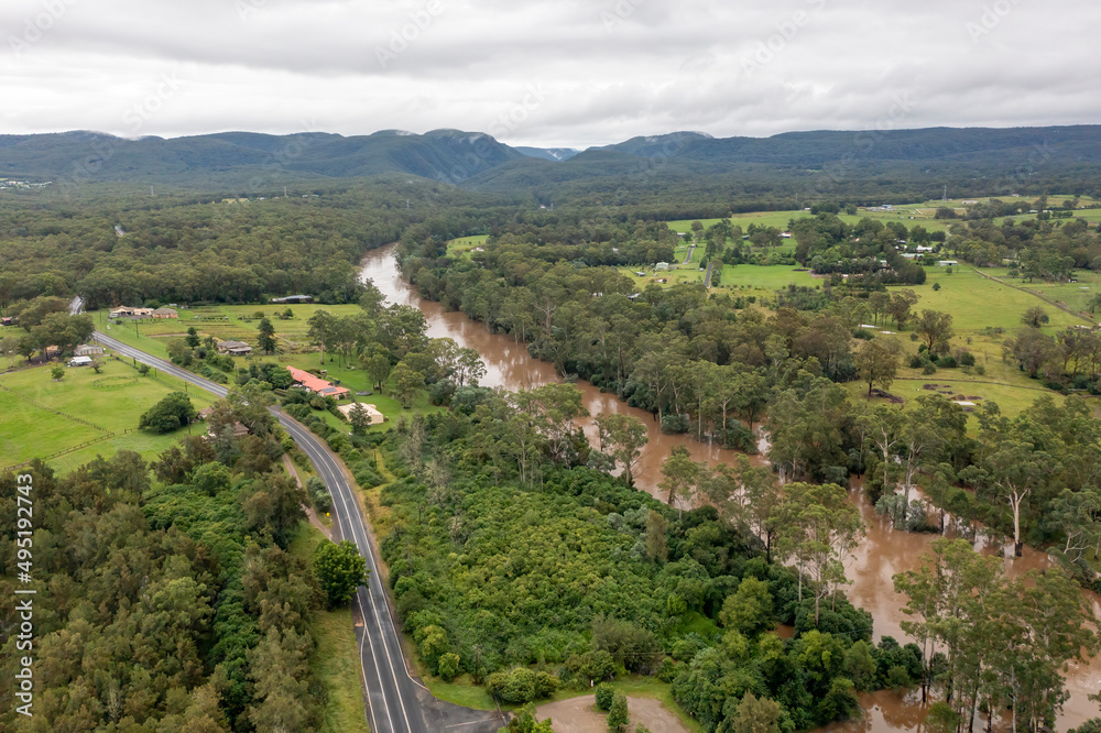 Drone aerial photograph of flooding in the Grose River in Australia.