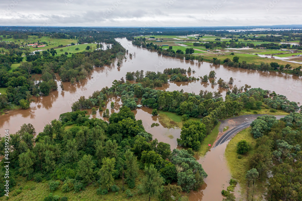 Drone aerial photograph of flooding in the Nepean River in Australia.