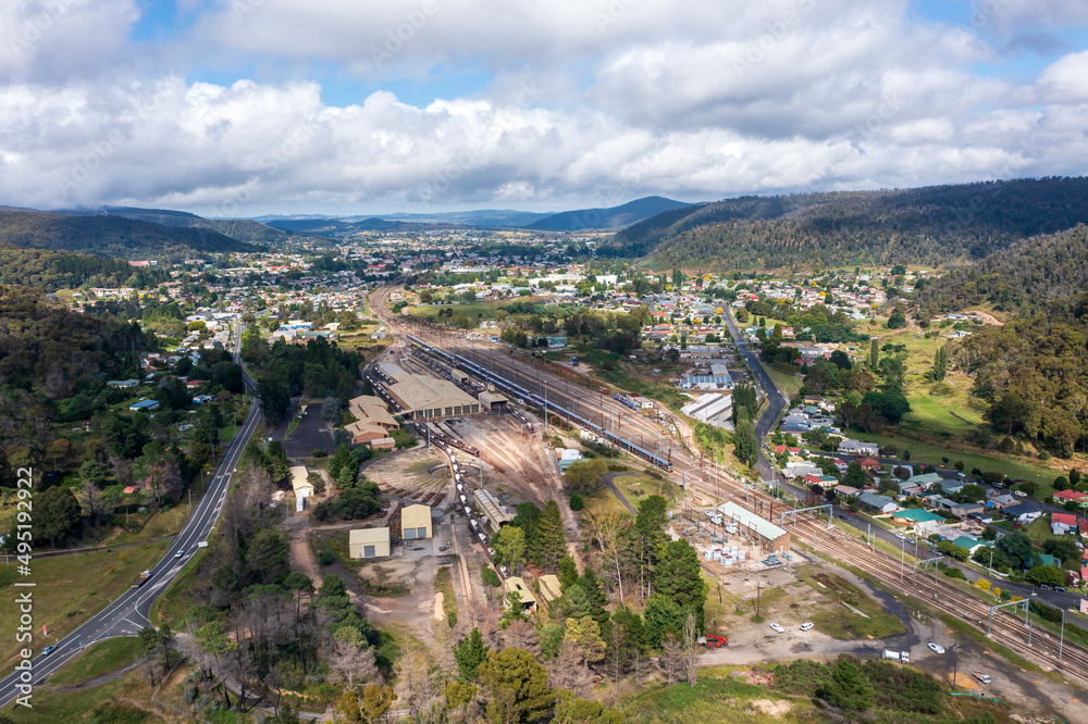 Drone aerial photograph of the Lithgow Train Maintenance facility in the Blue Mountains in Australia