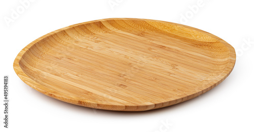 Wooden plate isolated on white background, close up