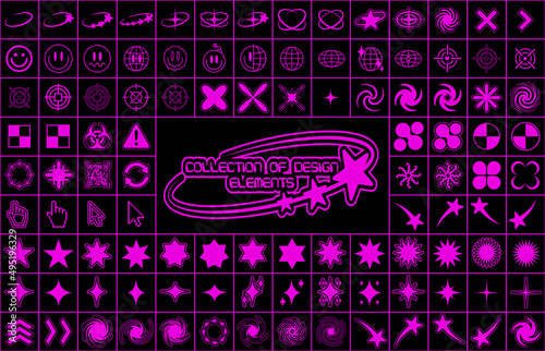 Collection of Y2K elements, a large set of retro objects for design, projects, posters, banners and business cards. Isolated on black background