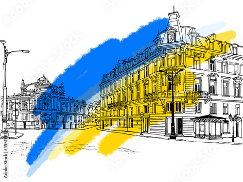 Beautiful Odessa street landscape on blobs. Ukraine Flag Pray. Pray for Ukraine. Save Ukraine from Russia. Hand drawn line sketch. Yellow and Blue Colors Background.