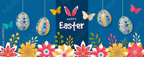 Happy Easter Floral Colorful Horizontal Banner Design. Flowers, butterflies, bunny ears and colorful pattern design eggs horizontal banner vector illustration. Spring Festival Holiday theme graphic.