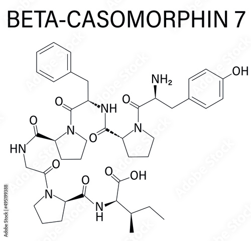 Beta-casomorphin peptide 7 molecule. Breakdown product of casein that may play a role in human diseases. Skeletal formula.