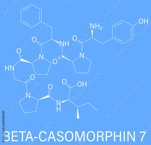 Beta-casomorphin peptide 7 molecule. Breakdown product of casein that may play a role in human diseases. Skeletal formula.
