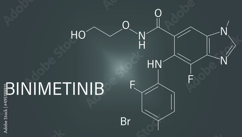 Binimetinib cancer drug molecule (MEK inhibitor). Skeletal formula. 