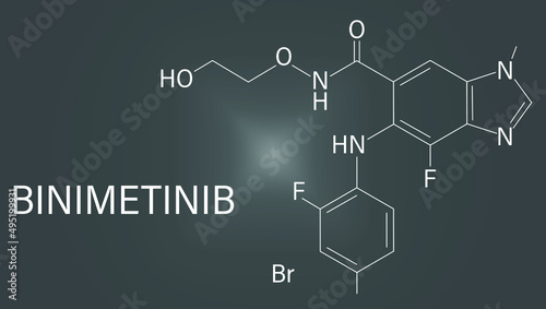 Binimetinib cancer drug molecule (MEK inhibitor). Skeletal formula.	