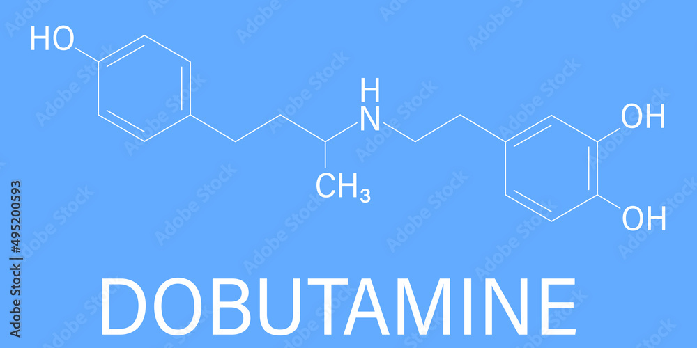 Dobutamine sympathomimetic drug molecule. Skeletal formula.
Dobutamine sympathomimetic drug molecule. Skeletal formula.