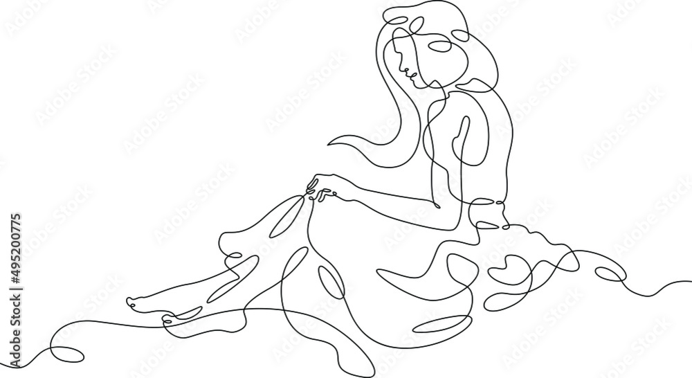 Woman sits on the edge of a cliff.Young woman sits alone on a rock. Romantic anticipation.Teenager is sad in loneliness.One continuous line drawing.Girl with luxurious hair in a dress.Line Art