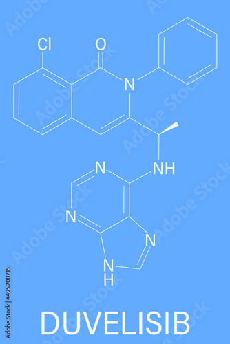 Duvelisib cancer drug molecule (phosphoinositide 3-kinase inhibitor). Skeletal formula.	 photo