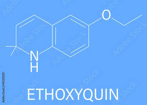 Ethoxyquin antioxidant food preservative molecule. Also used to control scald on pears. Skeletal formula.