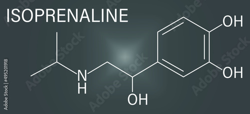 Isoprenaline (isoproterenol) drug molecule. Used in treatment of bradycardia, heart block and asthma. Skeletal formula. photo