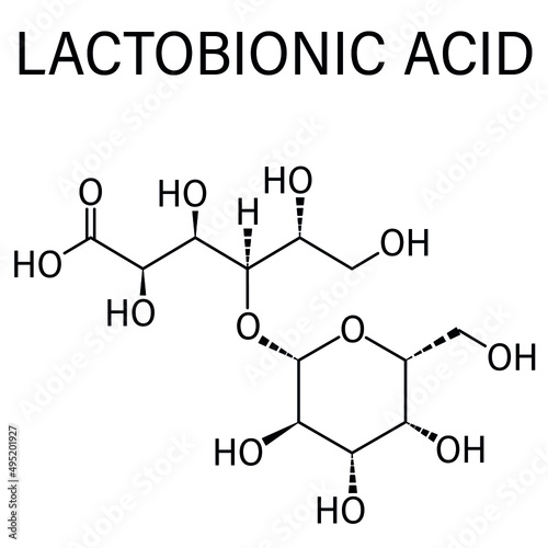 Lactobionic acid (lactobionate) molecule. Commonly used additive in food products, medicinal products and cosmetics. Skeletal formula.