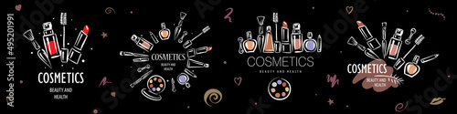 A set of vector logos of painted cosmetics on a black background