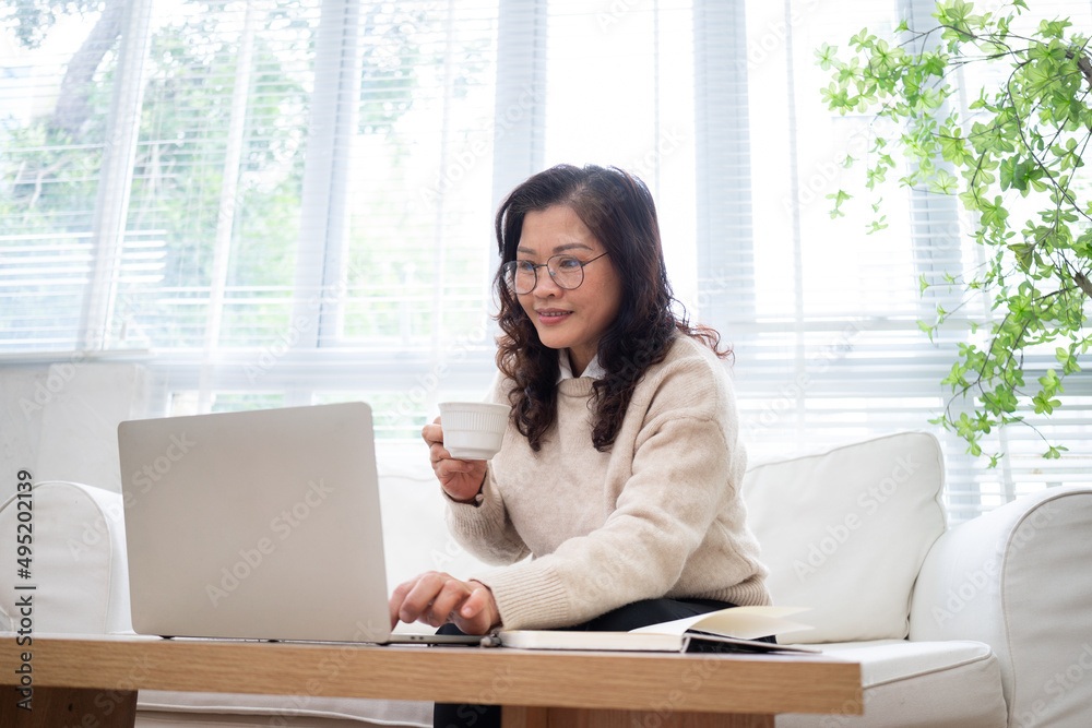 Image of senior Asian businesswoman working at home Image of senior Asian businesswoman working at home