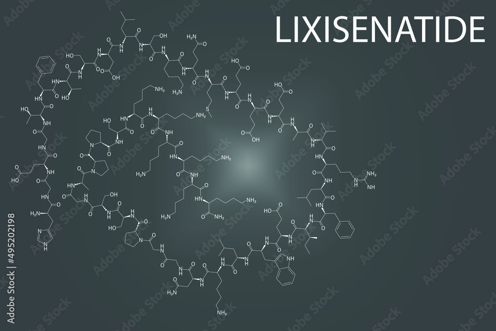 Lixisenatide diabetes drug molecule. Skeletal formula. Lixisenatide diabetes drug molecule. Skeletal formula.