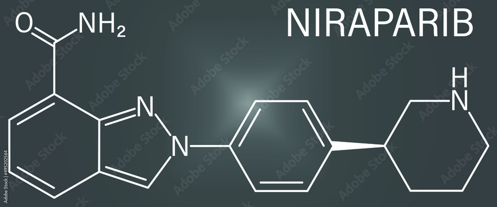 Niraparib cancer drug molecule (PARP inhibitor). Skeletal formula.	