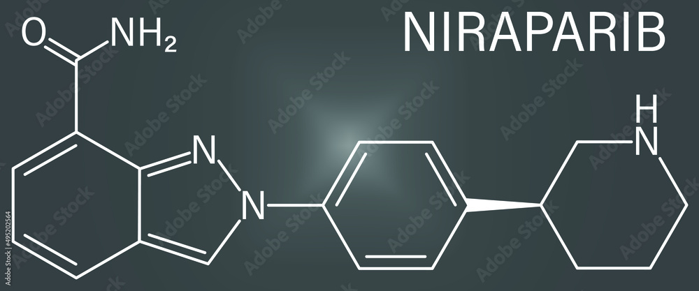 Fototapeta premium Niraparib cancer drug molecule (PARP inhibitor). Skeletal formula. 