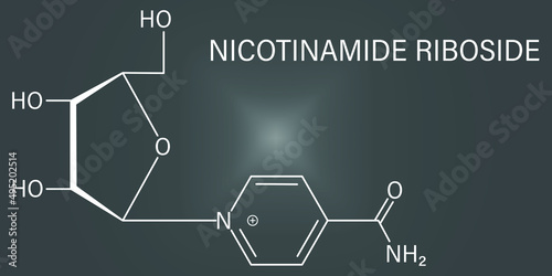 Nicotinamide riboside (NR) molecule. Precursor of nicotinamide adenine dinucleotide (NAD). Skeletal formula.