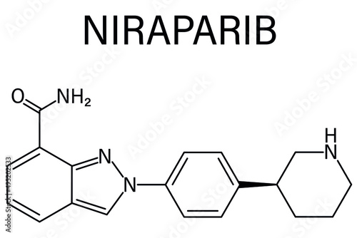 Niraparib cancer drug molecule (PARP inhibitor). Skeletal formula.	