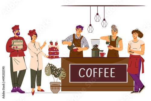 Coffeehouse or pastry shop staff with barista and pastry cooks, waiters. Sweet Pastry and coffee selling, cafe or coffee shop employees, flat vector illustration on white background.