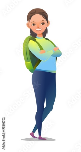 Little girl tourist backpacker. Teen with backpack on his back. Cheerful person. Standing pose. Cartoon comic style flat design. Single character. Illustration isolated on white background. Vector