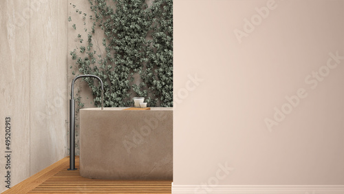 Minimalist zen bathroom with freestanding bathtub, garden with ivy, wooden floor, on a foreground wall, interior design architecture idea, concept with copy space, blank background