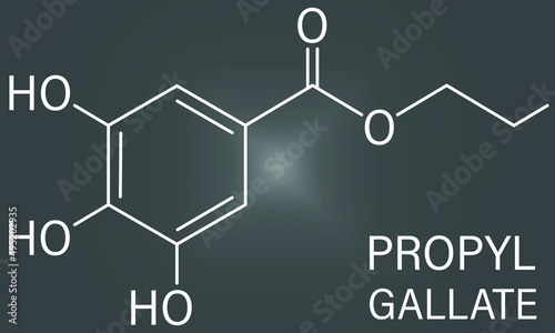 Propyl gallate or propyl 3,4,5-trihydroxybenzoate antioxidant food additive molecule. Skeletal formula.