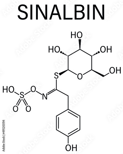 Sinalbin glucosinolate molecule. Present in seeds of white mustard (Sinapis alba). Skeletal formula.