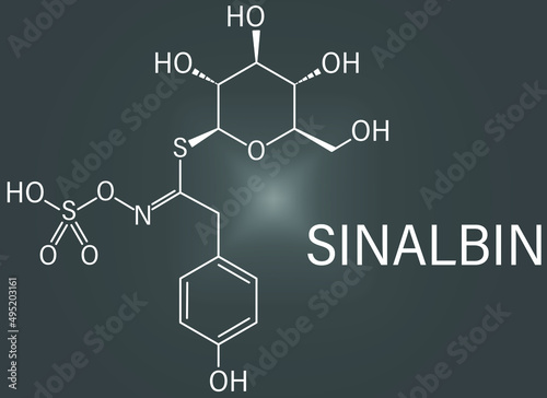 Sinalbin glucosinolate molecule. Present in seeds of white mustard (Sinapis alba). Skeletal formula.
