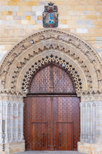 Spain, Bilbao, the wooden door in the portico of the Santiago Cathedral