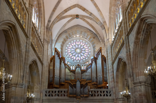 Bilbao, Spain - June 14, 2018: The nave with the organ of the Santiago Cathedral